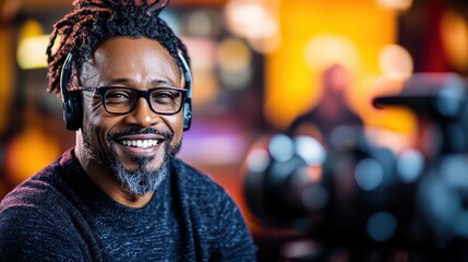 Fototapeta premium A charismatic man wearing headphones smiles brightly as he operates a camera, embodying creativity, passion, and the joy of capturing life's beautiful moments.
