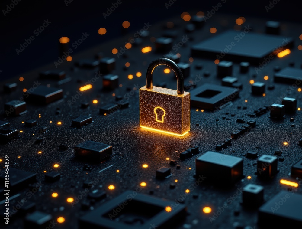 Poster secure environment: a shining digital padlock surrounded by circuitry and dark technology