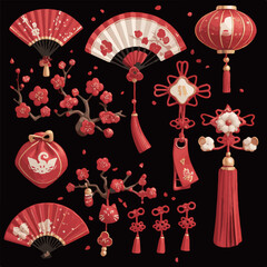 Traditional Chinese Lunar new year, year of the snake Element icon set collection on transparent background template png cutout