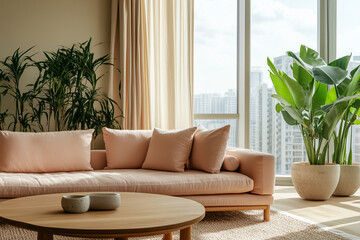 A modern minimal Scandinavian living room apartment  with beige walls, sheer beige curtains, and a soft pink fabric sofa 