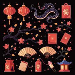 Traditional Chinese Lunar new year, year of the snake Element icon set collection on transparent background template png cutout
