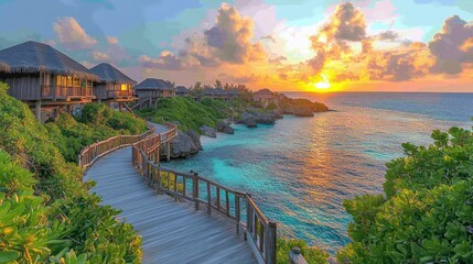 Obraz premium Scenic sunset over ocean with wooden pathway and villas.