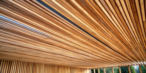 A curved ceiling composed of wooden slats creates an intricate and mesmerizing pattern of light and shadow