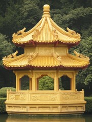 Fototapeta premium Golden Pavilion Surrounded by Lush Greenery in Tranquil Setting