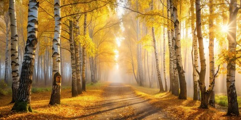 A sunlit path winds through a misty birch forest, golden leaves scattered across the ground, the sunlight filtering through the trees creating a magical atmosphere