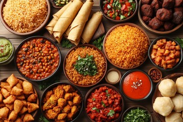 Spicy curries, fluffy rice, crispy samosas, and flavorful sauces create a vibrant and tempting display of indian cuisine