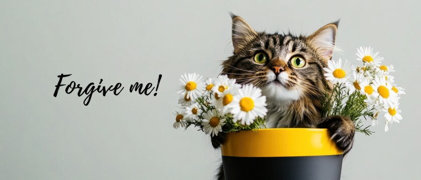 Entschuldige mich S&uuml;&szlig;e Katze mit G&auml;nsebl&uuml;mchen in einem Topf