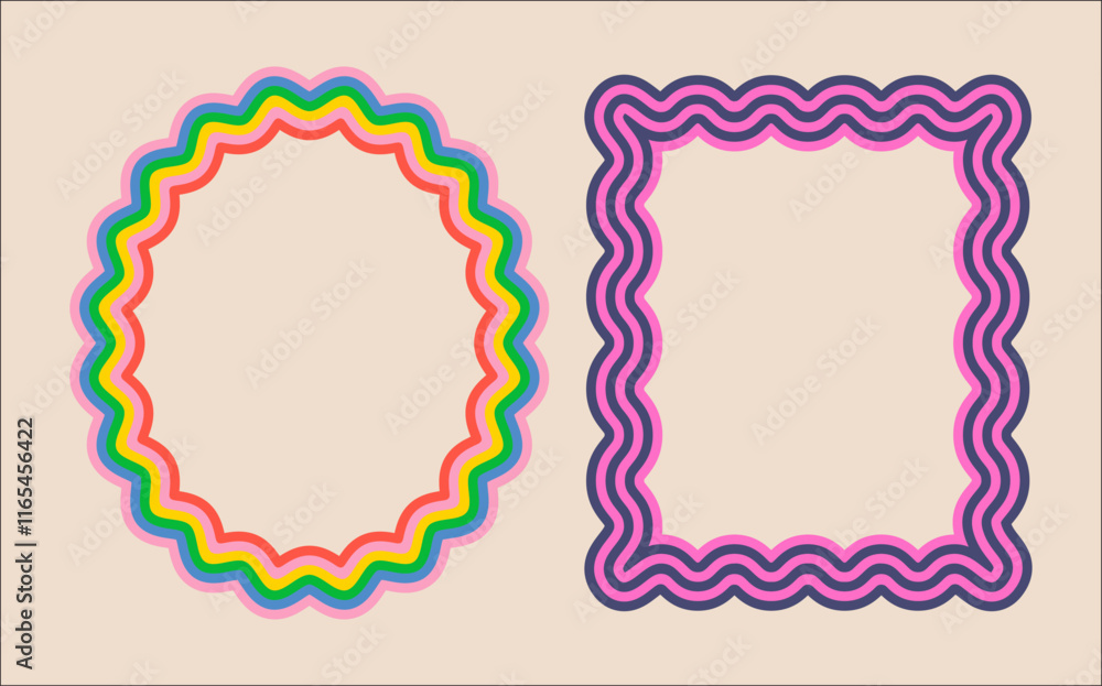 Poster retro frame with colorful wavy lines. geometry shapes. borders with wavy edges. abstract design elem