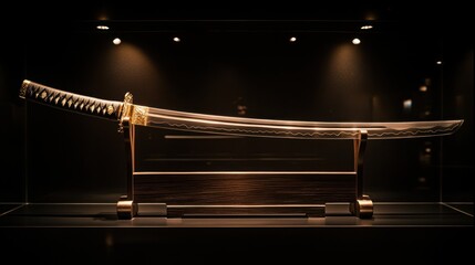 Exquisitely displayed katana, gleaming blade showcased on a dark wooden stand, under museum-style lighting.