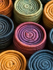 Fototapeta premium Colorful handmade raffia baskets showing traditional craftsmanship