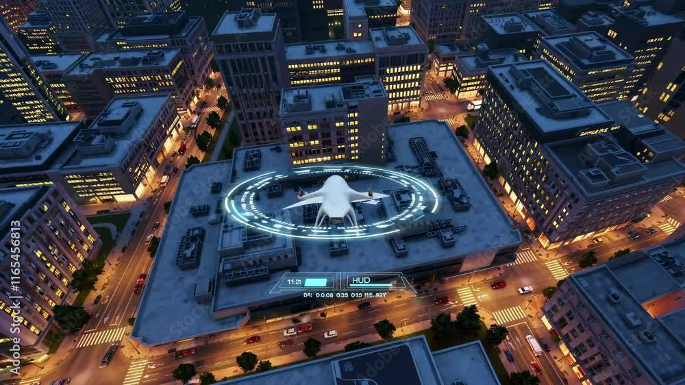 Poster urban drone flight showcases illuminated cityscape at night with advanced navigation technology
