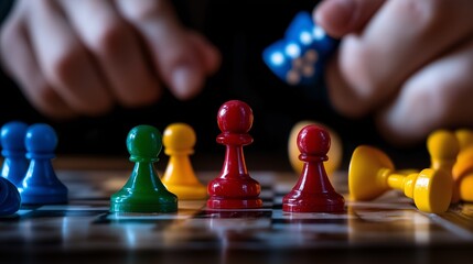 Gra planszowa z kolorowymi pionkami i rzutem kostką