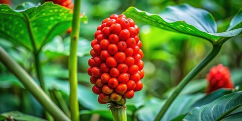 Obraz premium A cluster of vibrant red berries nestled amidst lush green foliage, showcasing the beauty of nature's intricate details