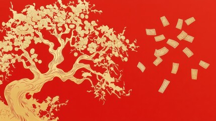 Golden Tree with Blossoms on Red Background and Floating Money