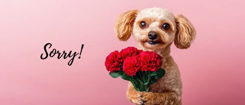 Entschuldigen Sie Niedlicher Pudelhund h&auml;lt rote Blumenstrau&szlig; auf rosa Hintergrund