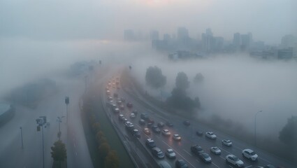 aerial photo of fog over the city road