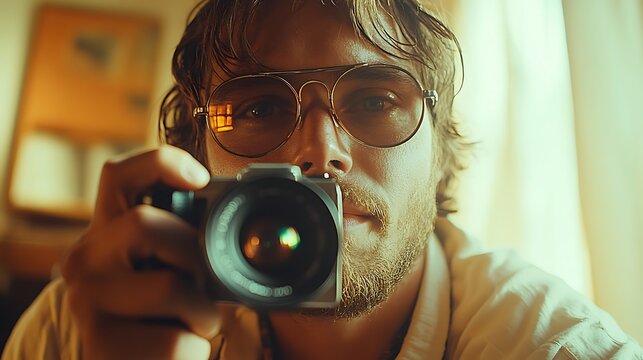 A man with aviator glasses slightly tilting them while gripping a retro camera, soft indoor lighting and vintage furniture setting the mood, cinematic hd realism, warm nostalgic tones. --ar 16:9