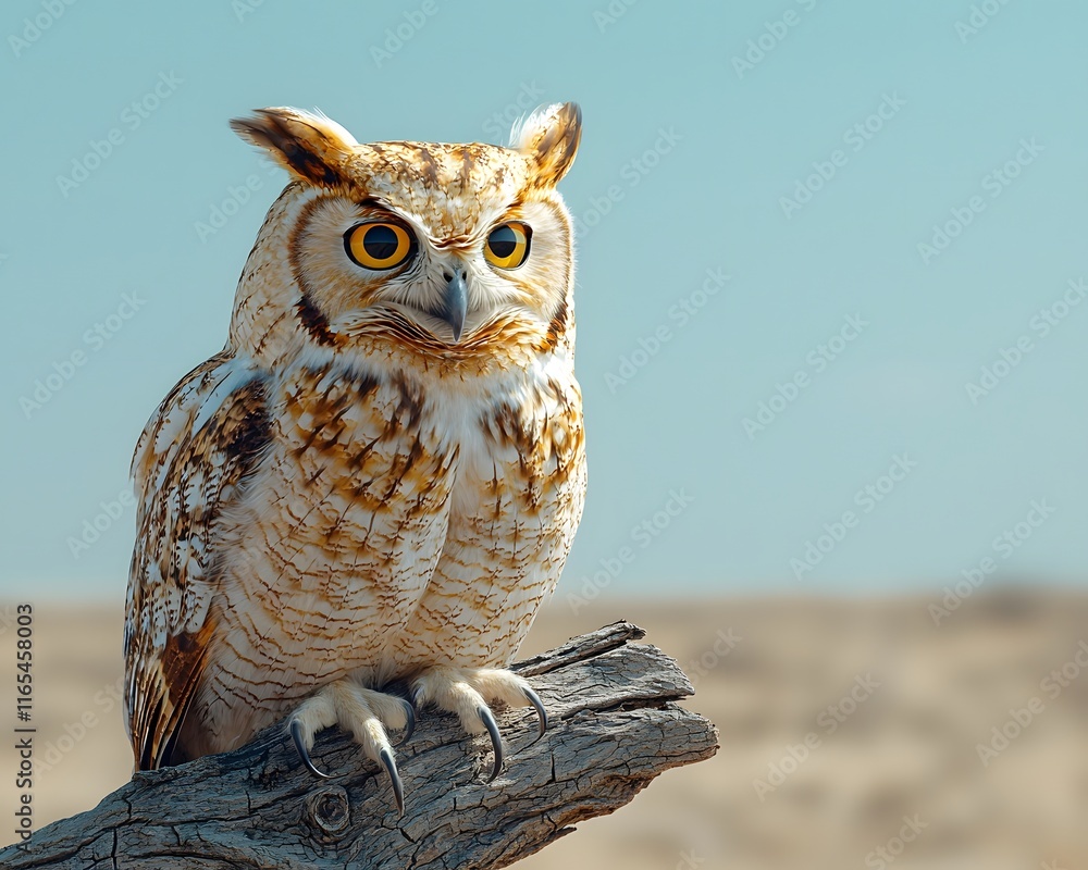 Poster owl perched on dead tree branch in dry landscape watchful and blending with environment
