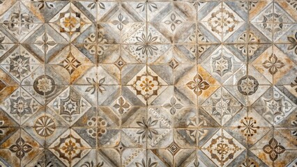 Obraz premium A Close-Up View of Intricate Patterned Ceramic Floor Tiles in Warm Hues of Brown and Grey