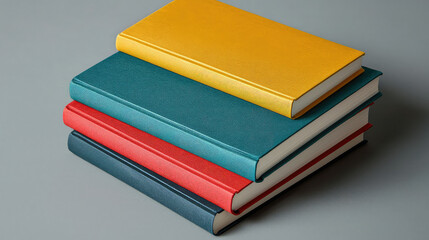 Stack of four hardcover books in yellow, teal, red, and navy blue on a gray background.