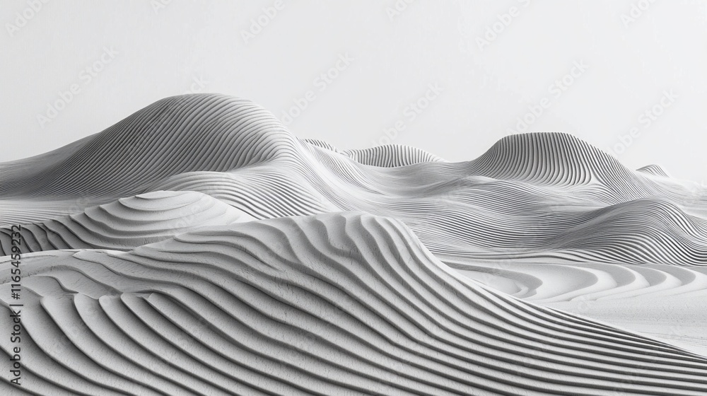Poster abstract grayscale 3d rendering of layered, undulating hills.
