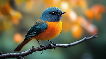 Naklejka premium Vibrant blue and orange bird perched on a branch.