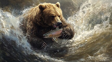 A large grizzly bear catching salmon in a river, the water splashing around its massive paws.