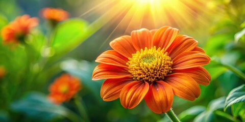 A single orange flower basking in the warm glow of sunlight, surrounded by lush green foliage