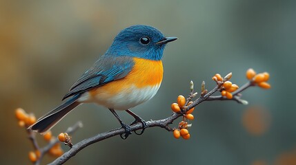 Fototapeta premium Vibrant blue and orange bird perched on a branch with orange berries.