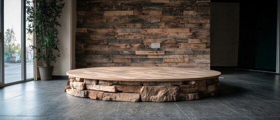 Rustic Wooden Podium Display  Stone Base  Mock Kitchen Interior