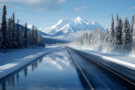 Snowy Mountain Road Reflecting In Icy Water