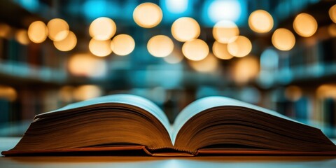 Fototapeta premium Book in a library. Low key lights, blur bokeh 