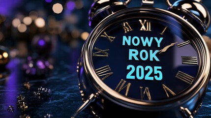 Budzik z niebieskim napisem Nowy Rok 2025 © Grzegorz Kuczynski