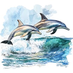 Fototapeta premium Two Dolphins Leaping Gracefully Over an Ocean Wave in a Watercolor Style Illustration.