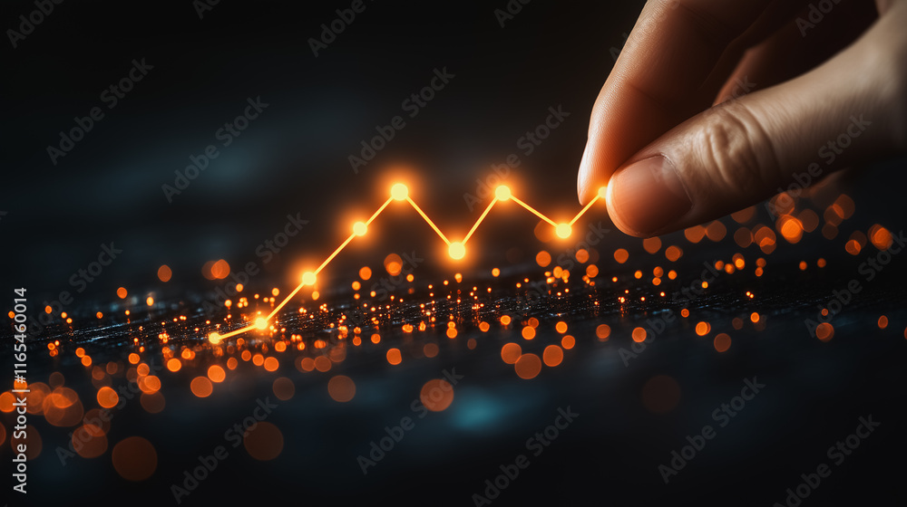 Poster hand is reaching out to touch a graph that is lit up with orange lines. the graph appears to be a li