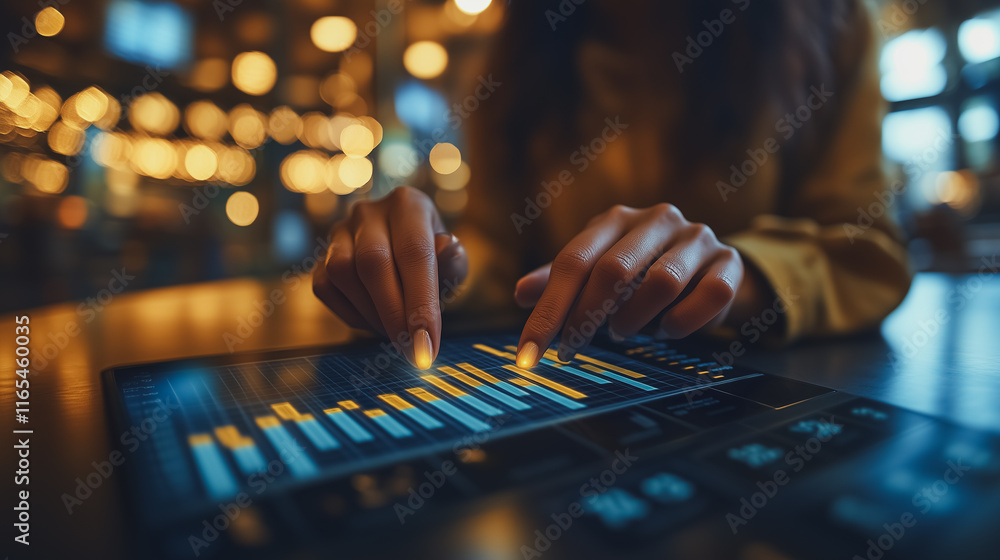Poster woman is using a tablet to point at a graph. concept of focus and concentration as the woman careful