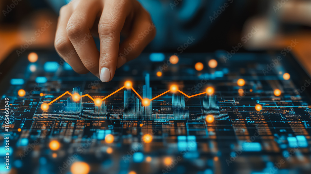 Poster person is pointing at a graph on a tablet. the graph is filled with lines and numbers, and the perso