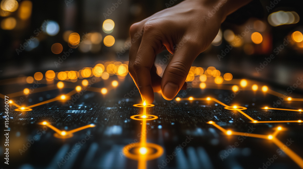 Poster hand is pointing at a glowing line of dots on a black background. concept of curiosity and explorati