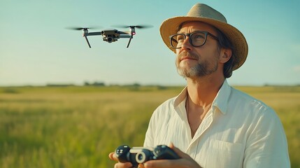 A stylish man with rectangular glasses using a drone controller in an open field, the device hovering above him, capturing a vast green landscape under a clear blue sky, hd sharp details,