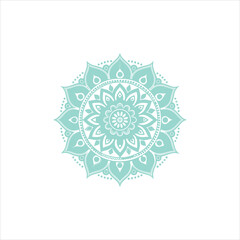 Top view of a ceramic plate showcasing a detailed floral mandala design in vibrant orange and teal colors, isolated on white background.