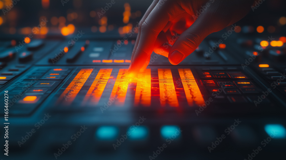 Poster hand is pointing at a screen with a lot of buttons and lights. concept of control and precision, as 