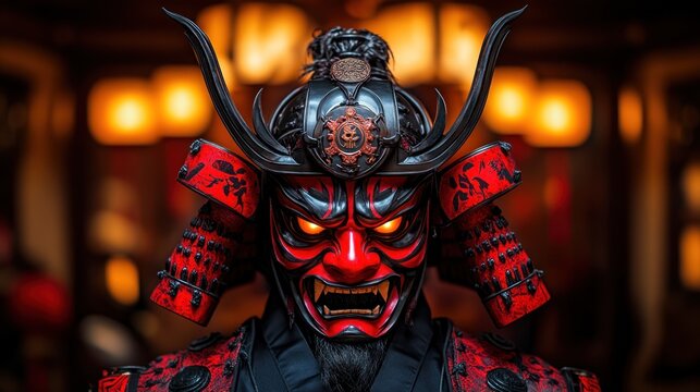 Fierce samurai mask, red and black armor, detailed design, intense expression.