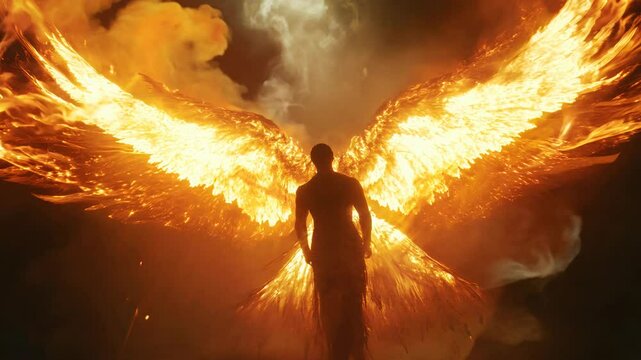 A silhouette man with phoenix wings. Background