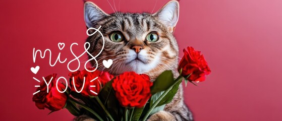 Obraz premium Süße Katze mit Rosenstrauß vermisse dich Valentinstag, Liebe, Zuneigung