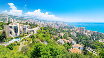 Obraz premium An aerial view of a coastal town with lush greenery and sparkling blue waters under a sunny sky. The scene exudes vacation vibes and natural beauty.
