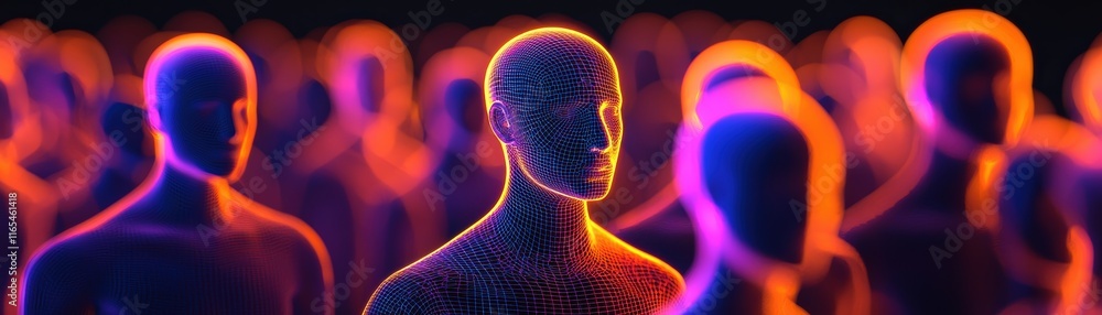 Poster business node diagram with smooth curves, a vibrant crowd of stylized humanoid figures illuminated i