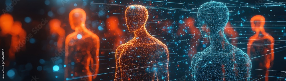 Poster business node diagram with smooth curves, a digital representation of human figures in vibrant orang