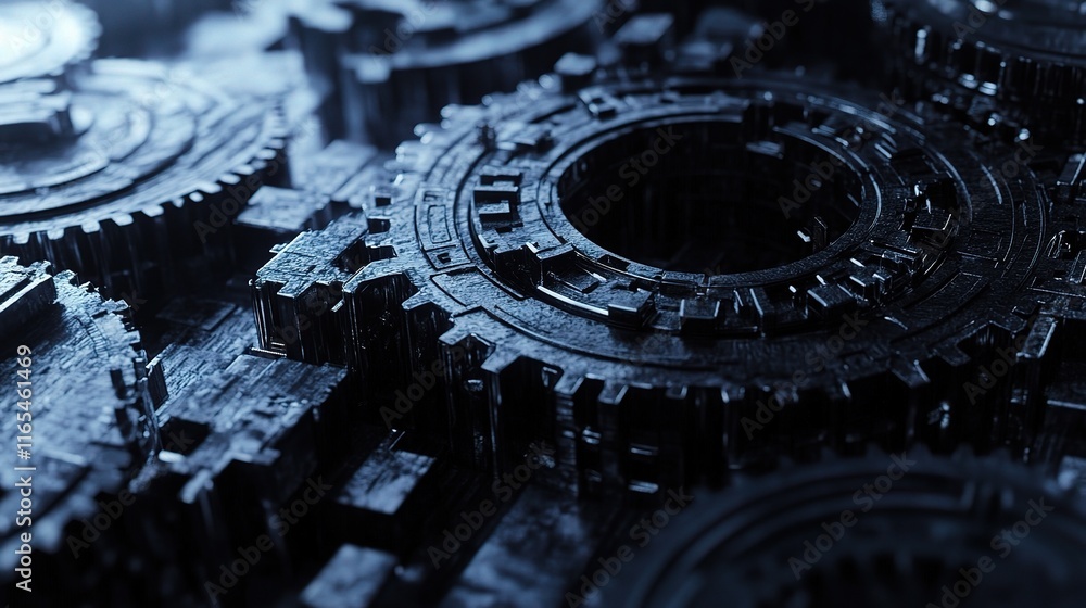 Poster dark overlapping gears background with intricate detail and texture