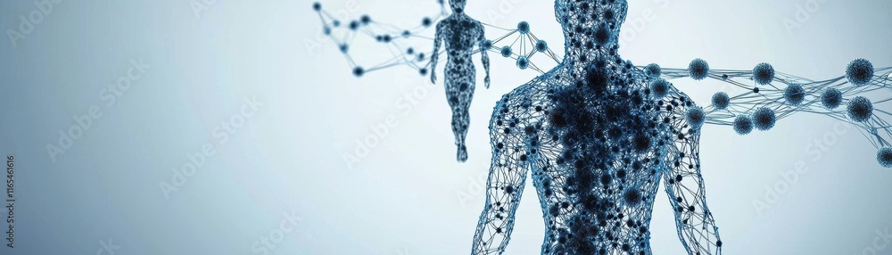 Poster 3d network of human icons in transparency, a digital representation of human figures intertwined wit