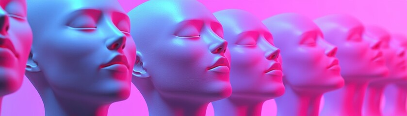 Futuristic 3D human health network image, A row of stylized mannequins with serene expressions, illuminated by vibrant pink and blue lights, creating a striking visual effect.